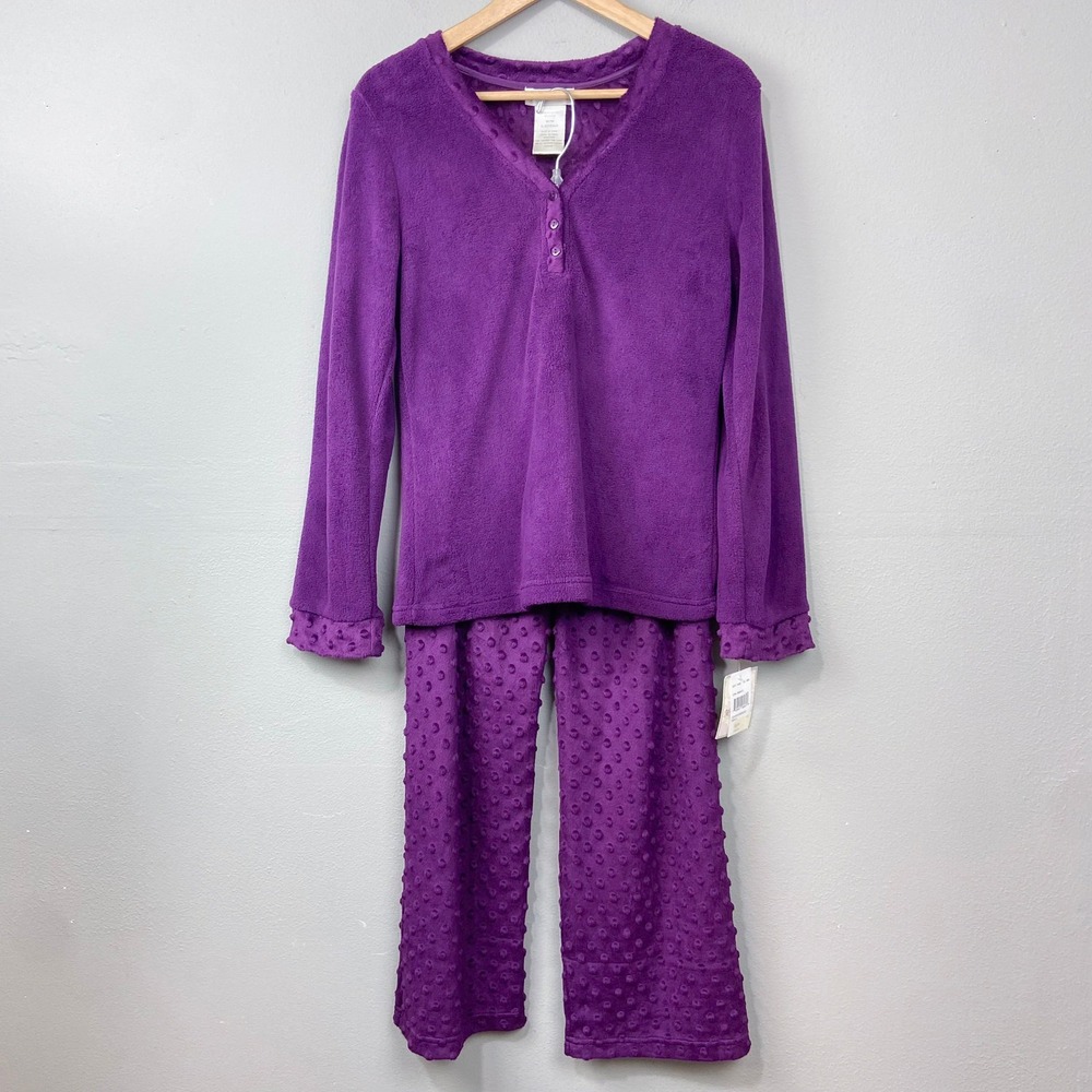 Vintage Fleece Pajama Set Womens M Purple Polka Dot Deadstock Granny Lounge Cozy